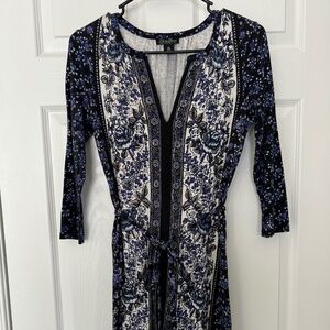 Lucky Brand Boho 3/4 Sleeve Dress with Tie - Blue, Black & White